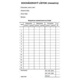Dochádzkový lístok mesačný /hárok IG062