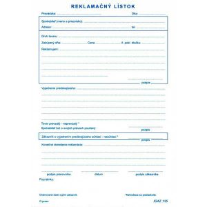 Reklamačný list A5 samo prepisovací